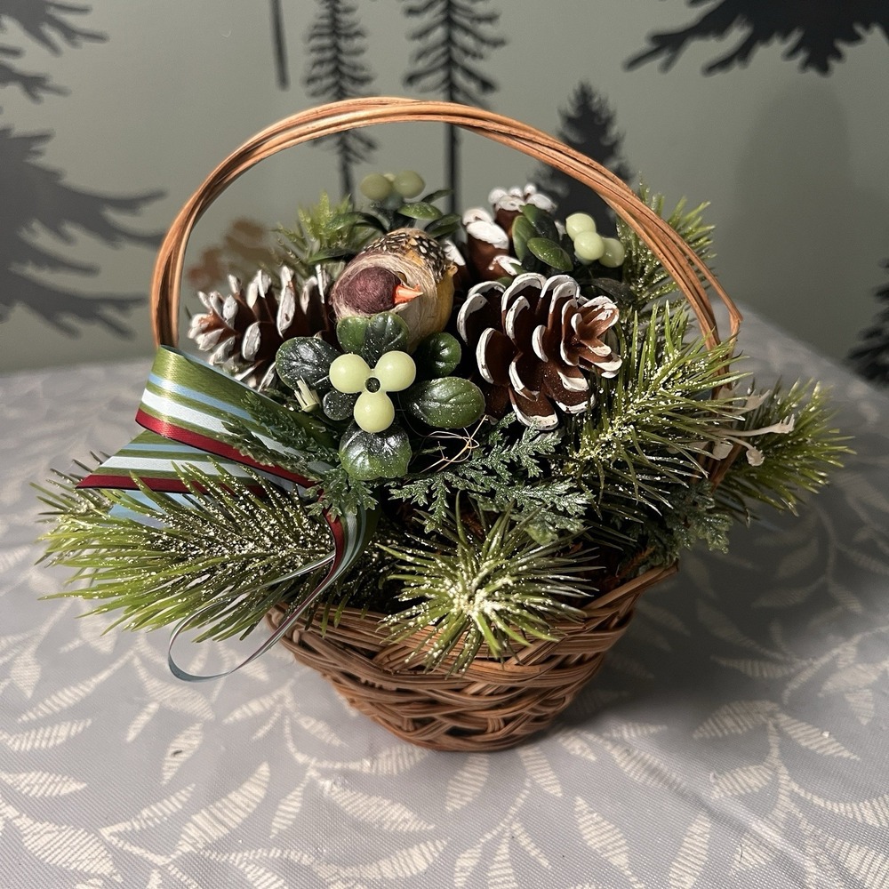 Festive Artificial Christmas Floral Arrangement In Small Round 6" Woven Basket